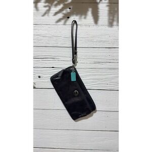 Coach Madison Black Leather Wristlet Wallet Clutch Silver Hardware Teal Hangtag